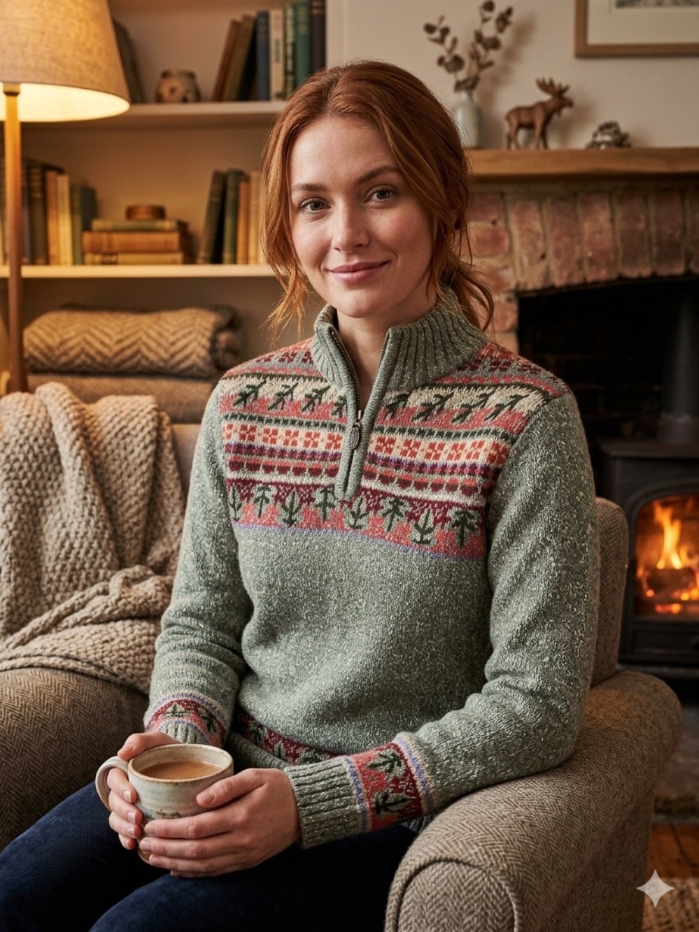Cozy Vintage Fair Isle Mock-Neck Sweater - Sage Green